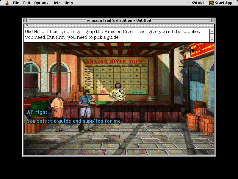 Screenshot of Amazon Trail 3rd Edition (The Learning Company, 1998) running on an emulated Power Macintosh 9500