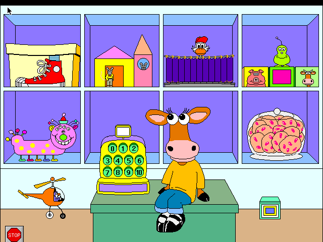 Screenshot of Millie's Math House (Edmark (developed by Theatrix Interactive), 1995) running on an emulated Power Macintosh 9500