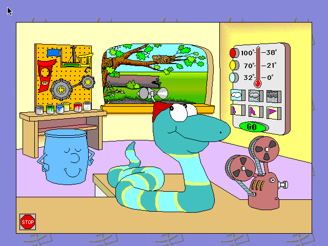 Screenshot of Sammy's Science House (Edmark (developed by Theatrix Interactive), 1994) running on an emulated Power Macintosh 9500