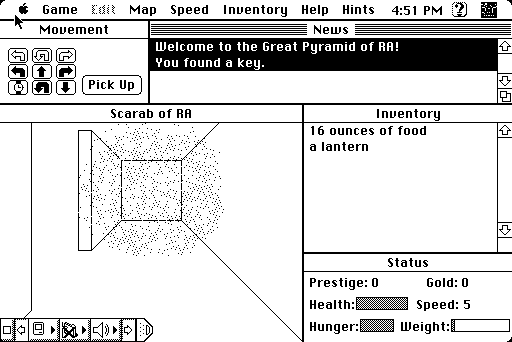 Screenshot of Scarab of Ra (Rick Holzgrafe (Semicolon Software), 1987) running on an emulated Macintosh SE