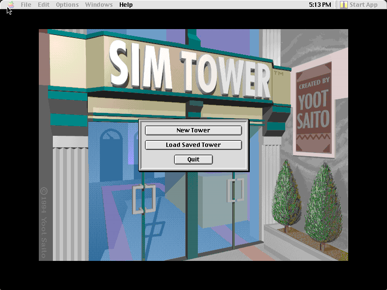Screenshot of SimTower (Maxis / OPeNBooK (Yoot Saito), 1994) running on an emulated Power Macintosh 9500
